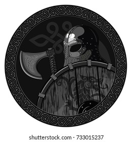 Warrior Barbarian Viking Berserker with axe and shield, isolated on white, vector illustration