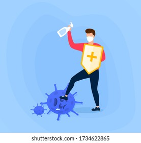 The warrior beats the coronavirus with an antiseptic. Coronavirus fight concept. People are struggling with covid 19. Vaccine concept. Funny flat vector illustration.