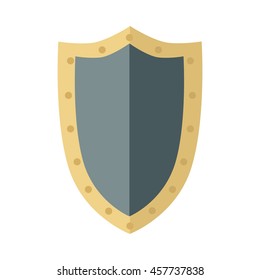Warrior big shield. Blue shield with gold trim around the edge. Warrior armor. Game object in flat design isolated on white background. Vector illustration.