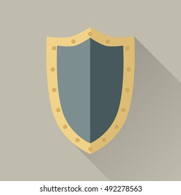 Warrior big shield. Blue shield with gold trim around the edge. Warrior armor. Game object in flat design isolated. Vector illustration.