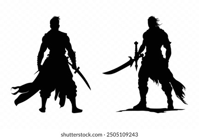 Warrior Black Silhouette Vector, Knight Male Warriors Silhouette Clipart