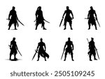 Warrior Black Silhouette Vector Set, Warriors Silhouette Clipart Bundle