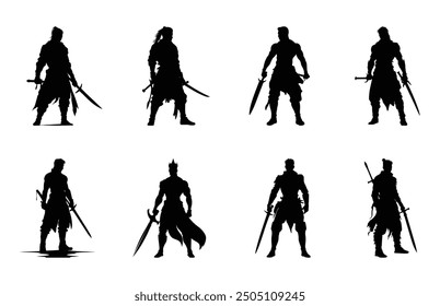 Warrior Black Silhouette Vector Set, Warriors Silhouette Clipart Bundle