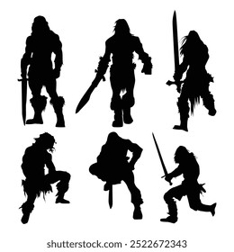 Conjunto de vetor de silhueta preta guerreiro, espada guerreiros e lâmina Silhueta Clipart Bundle Vol 01