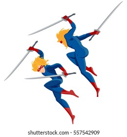 Warrior blond superhero in a blue suit jumping attacks. Keep hands katana sword. Fighting Kung Fu. Flat vector cartoon illustration. Objects isolated on a white background.