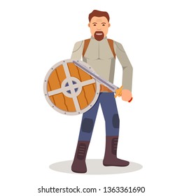 The warrior with a board and a sword. The man with weapon. Medieval knight. Cartoon soldier's with shield character. Flat illustration vector.Isolated on a white background.