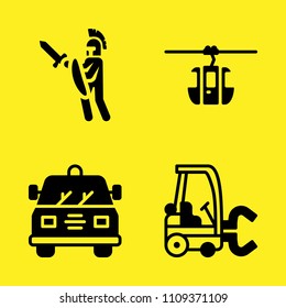 warrior, cable car cabin, forklift and police car vector icon set. Sample icons set for web and graphic design