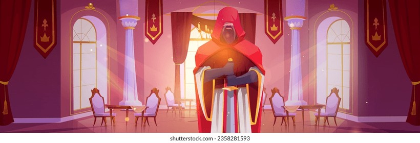 Guerrero en el comedor del castillo con mesa y silla real. Fondo de dibujos animados del salón de banquetes del palacio medieval. Lujoso salón de baile victoriano para muebles de fiesta. Caballero con insurgencia del plan de espada