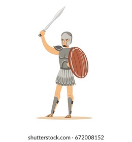 Warrior character, man in historical armor and helmet holding wooden shield and sword vector Illustration