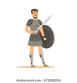 Warrior character, man in historical armor with sword and shield vector Illustration