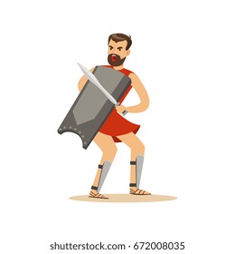 Warrior character, man with a sword and a shield in a combat position vector Illustration