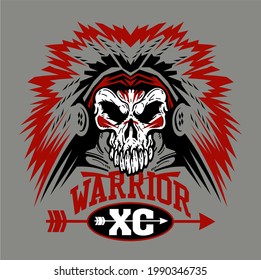 warrior cross country team design with mascot skull and war bonnet for school, college