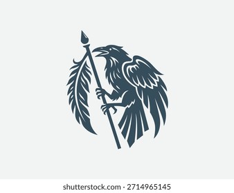 Logotipo o mascota de la lanza del cuervo guerrero