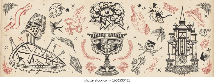 Warrior crusader, sacred holy grail, ancient castle, occult hands, all seeing eye, sword and arrows. Middle age art. Traditional tattooing style. Medieval old school tattoo collection 