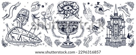 Warrior crusader, sacred holy grail, ancient castle, occult hands, all seeing eye, sword and arrows. Middle age art. Traditional tattooing style. Medieval old school tattoo black and white style
