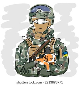 Warrior defender with a puppy. Vector illustration.