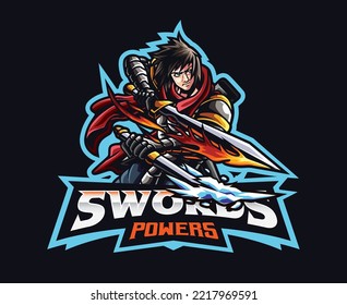 Mascota con el logo del diseño guerrero con espadas de fuego y hielo. Espadas con el poder del fuego y el hielo. Ilustración de logotipo para mascota o símbolo e identidad, deportes de emblema o equipo de juegos de e-sports