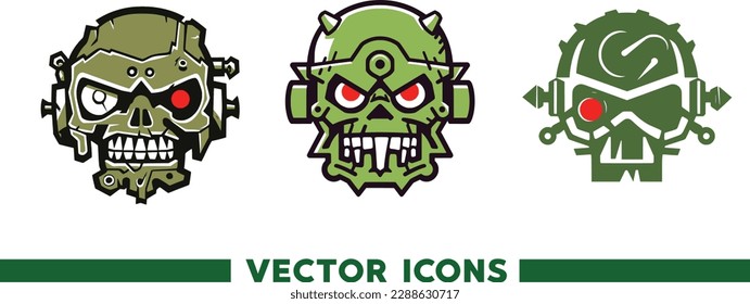 Warrior Different heads, Warhammer orc vector icon of 3 types, green color. Isolated vector sign symbol