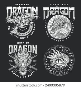 Warrior dragon set posters monochrome for promo MMA mixed martial arts with face of fantastic reptiles and katanas vector illustration