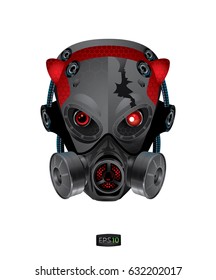 Warrior face. Wearing a red gas mask on white background.Creativ design