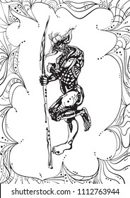 Warrior. Fantasy hero with a large weapon standing. Hand drawn black and white vector sketch in a frame. Size - A4.