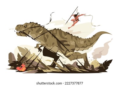 Warrior fighting with dinosaur vector illustration. Fighter with spear attaching tyrannosaurus flat concept. Prehistoric world of dinosaurs