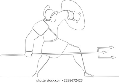 A warrior fighting with a spear and shield. Ancient warrior one-line drawing