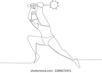 A warrior fights with an ancient weapon. Ancient warrior one-line drawing