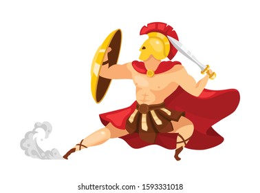 Warrior flat vector illustration. Theseus in armor. Gladiator with shield and sword. Greek mythology. Fighter in action pose. Man in defense stance isolated cartoon character on white background