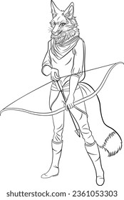Kriegerfox mit Bow für die Farbseite. 2D Zeichen. Anthropomorphes Tier. Vektorgrafik.