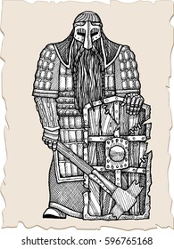 Warrior gnome.Vector illustration with old battle bearded gnome.Vector sketch for tattoo