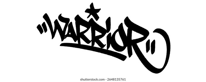 Warrior graffiti tag in bold black spray paint with drips. Transparent background. Urban tag with fearless, strong, and dominant masculine street tone.