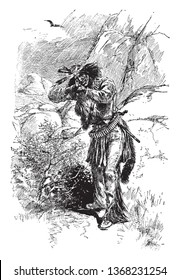 Un guerrero con arma de la tribu Apache, dibujo de línea vintage o ilustración de grabado