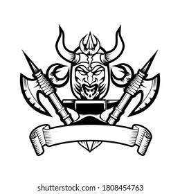 Warrior Head with Axe on Both Side and Place for Text Logo Template