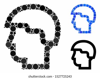 Warrior head mosaic of small circles in variable sizes and color tints, based on warrior head icon. Vector small circles are organized into blue composition.