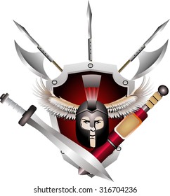 warrior head and spears and axes crossed and shield isolated on white