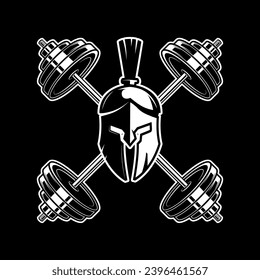 Warrior helmet with crossed gym barbells. Gym consept. Design element for logo, label, sign, poster.