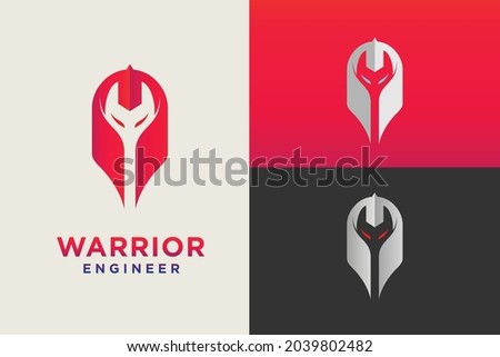 WARRIOR HELMET ENGINEERING LOGO. COMBINATION LOGO FROM HELMET AND WRENCH FOR ENGINEERING. REPARATION. SERVICE .VECTOR LOGO DESIGN ILLUSTRATION