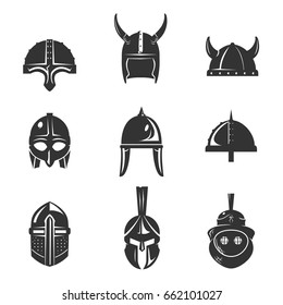 Warrior helmet flat icon set. Combat accessory, piece of personal armor designed for battle. Vector flat style illustration isolated on white background