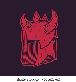 warrior helmet with horns, red on dark