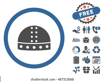 Warrior Helmet icon with free bonus clip art. Vector illustration style is flat iconic bicolor symbols, cobalt and gray colors, white background.