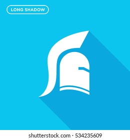 Warrior helmet isolated vector icon in long shadow style on blue background