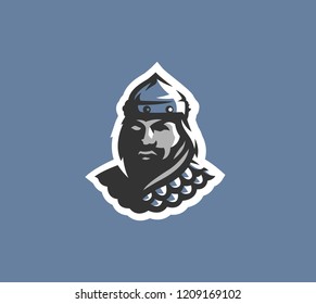 Warrior in helmet logo - emblem design, mascot for sports team, vector illustration