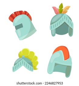 Warrior helmet. Middle Ages. Metal armor. Knight tournaments. fairy costume, isolated vector illustration.