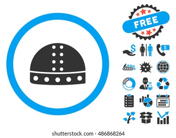 Warrior Helmet pictograph with bonus pictograph collection. Vector illustration style is flat iconic bicolor symbols, blue and gray colors, white background.
