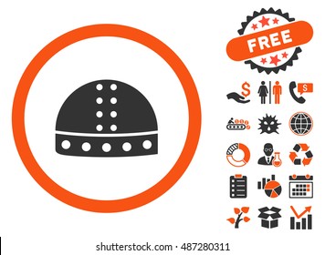 Warrior Helmet pictograph with free bonus pictogram. Vector illustration style is flat iconic bicolor symbols, orange and gray colors, white background.