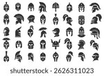 Warrior helmet silhouettes from different historical eras. Vector set of stylized helmets representing historical warriors such as Spartans, knights and Vikings for medieval themed game graphics.