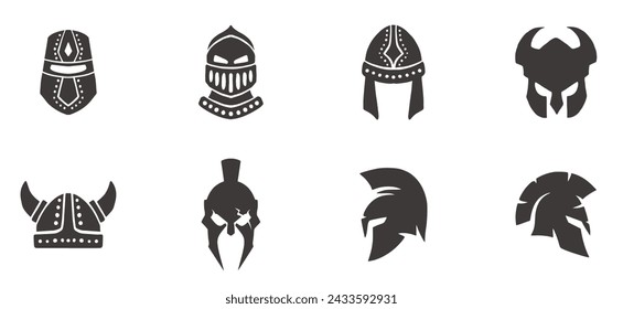 Warrior helmets black icons or logos set. Knight armor, vector illustration