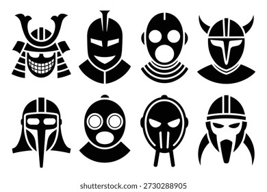 Capacetes e máscaras de guerreiro preto branco