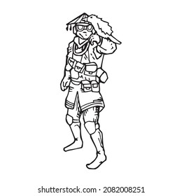 Krieger mit seinem seltsamen Hut, der seinen Vogel hält, Umrisszeichnung. Handgezeichneter Wild-Soldat, gezeichneter Stift-Skizze. Einfache erste Person Spiel Helden, die jeder Gamer mag, einzelne Illustration.